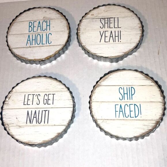 MUD PIE Drink Coaster Beach Coastal Nautical Theme Shiplap Metal Rim Gift Set - Picture 3 of 12